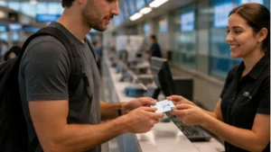 Traveller using a smartphone in Uruguay for sim card carrasco airport