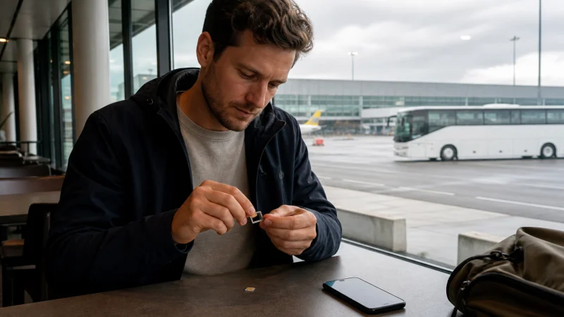 Traveller comparing mobile options at Charleroi Airport in Belgium