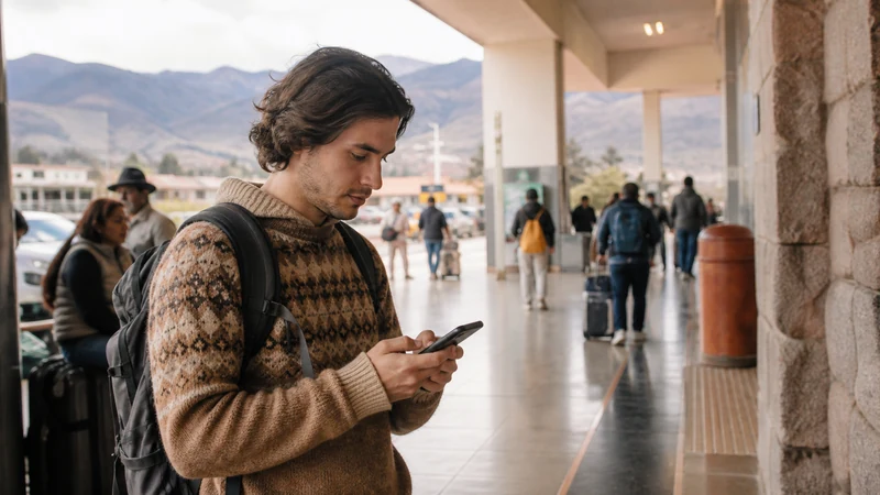 Traveller using a smartphone in Peru for sim card cusco airport