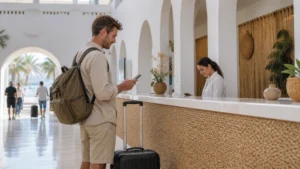 Traveller using a smartphone for SIM Card Djerba Airport in Tunisia