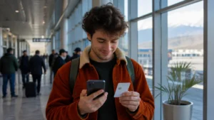 Traveller using a smartphone for sim card at dushanbe airport: local sim vs travel esim