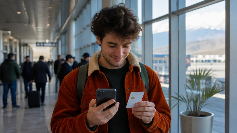Traveller using a smartphone for sim card at dushanbe airport: local sim vs travel esim