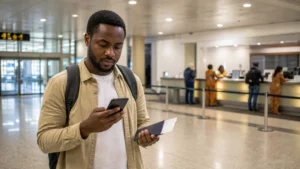 Traveller considering connectivity after landing at Entebbe airport.