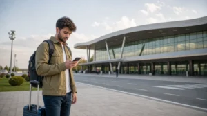 Traveller comparing SIM card and eSIM options at Ganja Airport