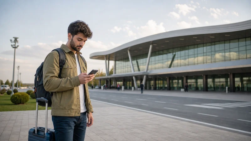 Traveller comparing SIM card and eSIM options at Ganja Airport