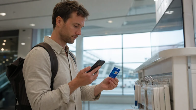 Traveller comparing a SIM card and smartphone at Gimpo Airport