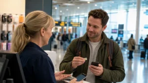Traveller using a smartphone while preparing for buying a sim card at gothenburg landvetter airport