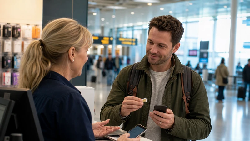 Traveller using a smartphone while preparing for buying a sim card at gothenburg landvetter airport