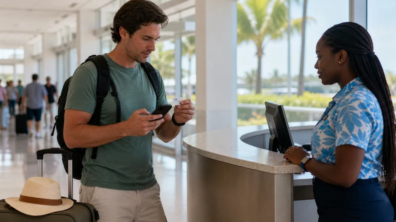 Traveller comparing a SIM card and smartphone at Grand Bahama airport