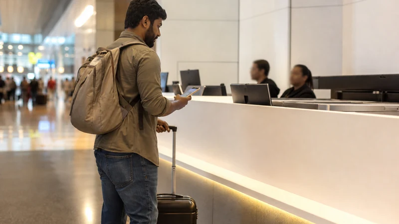 Traveller using a smartphone in arriving traveller near a neutral telecom counter at Hamad Airport