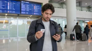 Traveller comparing a SIM card and smartphone at Incheon Airport