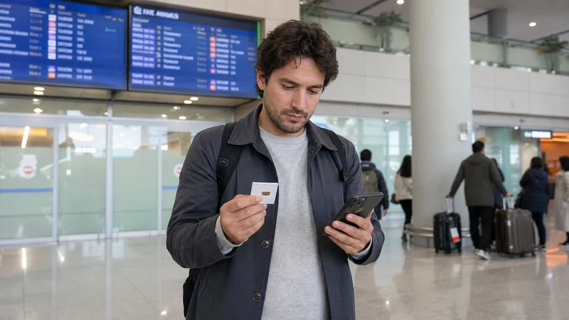 Traveller comparing a SIM card and smartphone at Incheon Airport
