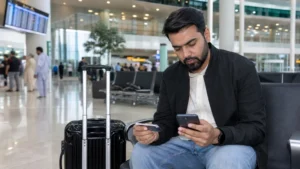 Traveller comparing a SIM card and smartphone at Islamabad Airport