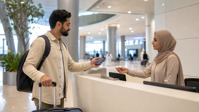 Traveller asking about mobile connectivity at a Jeddah airport service counter.