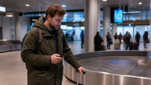 Traveller using a smartphone in Vík