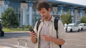 Traveller using a smartphone for sim card at khujand airport: local sim vs travel esim