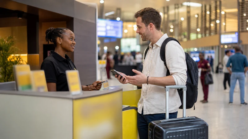 Traveller visiting a SIM card counter at Kigali airport