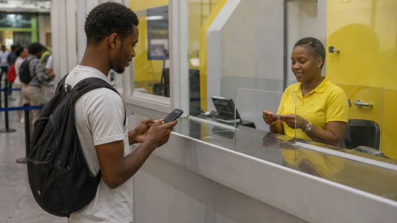 Traveller using a smartphone in Jamaica while buying a SIM card at Norman Manley International Airport