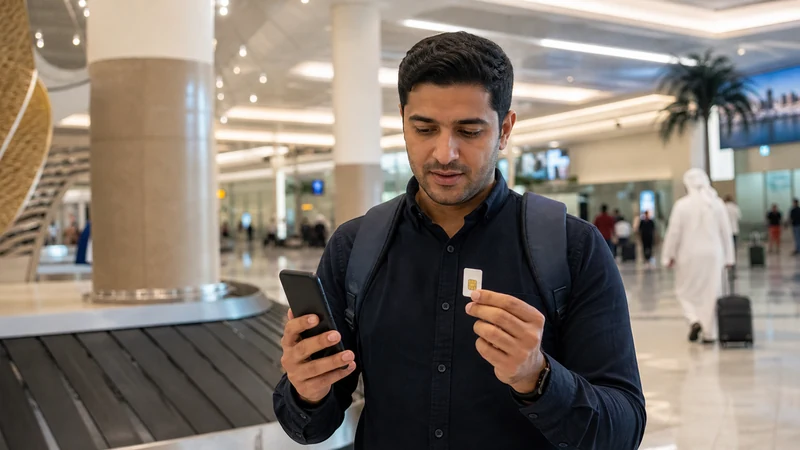 Traveller using a smartphone in a Kuwait setting related to should you buy a sim card at kuwait airport?