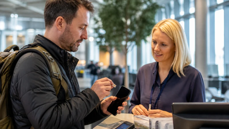Traveller using a smartphone while preparing for buying a sim card at malmö airport