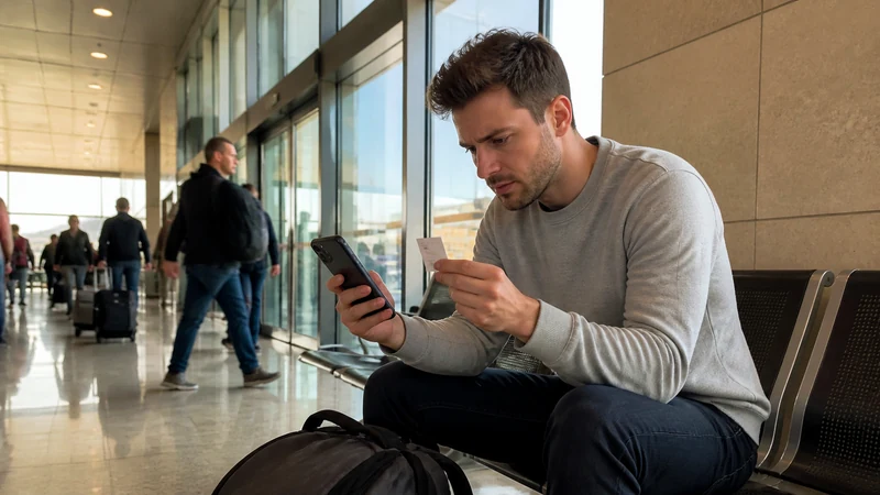 Traveller comparing mobile options at Malta International Airport