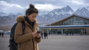 Traveller using a smartphone in Kyrgyzstan for sim card manas airport
