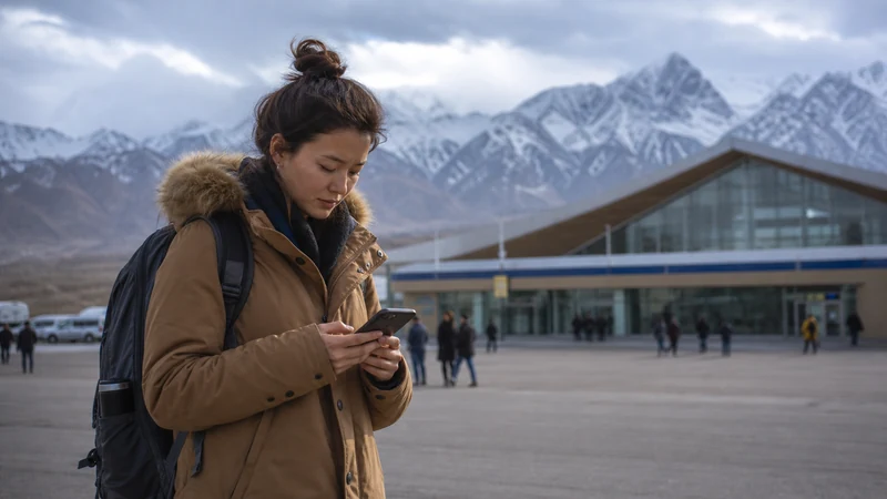 Traveller using a smartphone in Kyrgyzstan for sim card manas airport