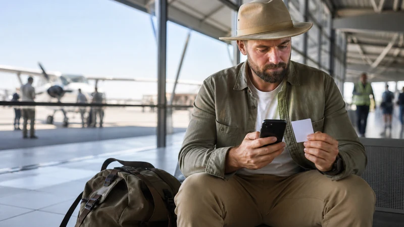 Safari traveller arriving at Maun airport.