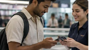 Traveller using a smartphone in Mauritius while researching buying a sim card at mauritius international airport