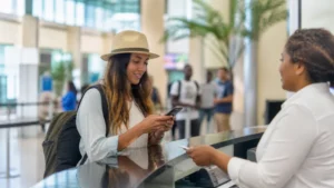 Traveller using a smartphone in Jamaica while buying a SIM card at Sangster International Airport
