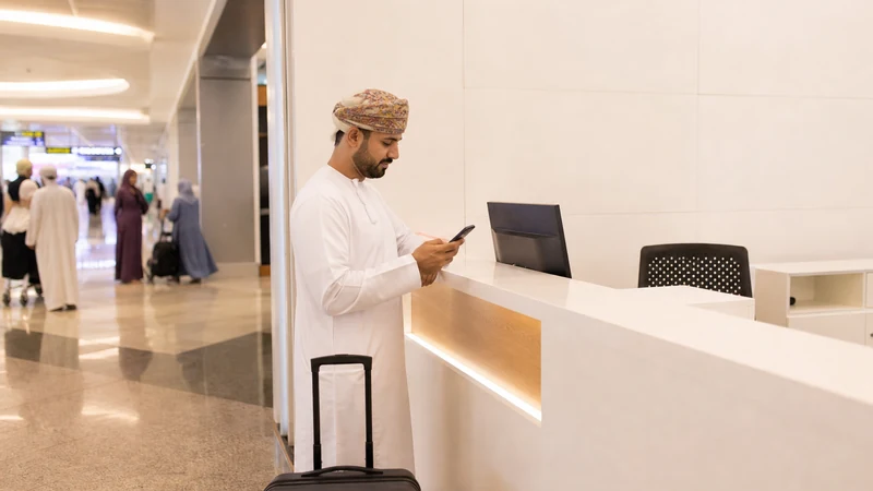 Traveller using a smartphone during traveller near neutral SIM counter at Muscat Airport