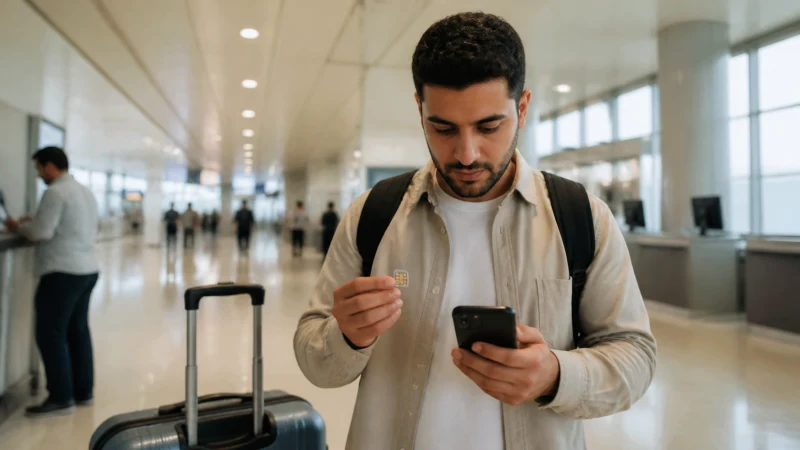 Traveller buying a SIM card at Oran Airport
