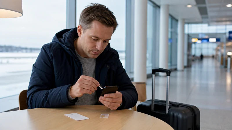 Illustrative Finland travel scene for Buying a SIM Card at Oulu Airport