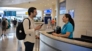 Traveller preparing a SIM card at Queen Beatrix airport