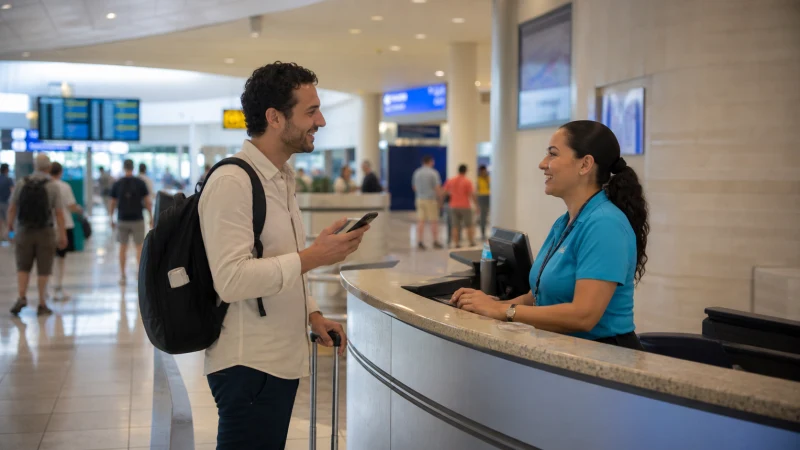 Traveller preparing a SIM card at Queen Beatrix airport