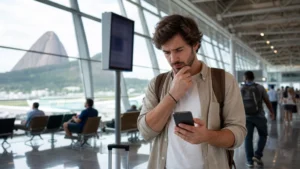 Traveller using a smartphone in Brazil for sim card rio galeao airport