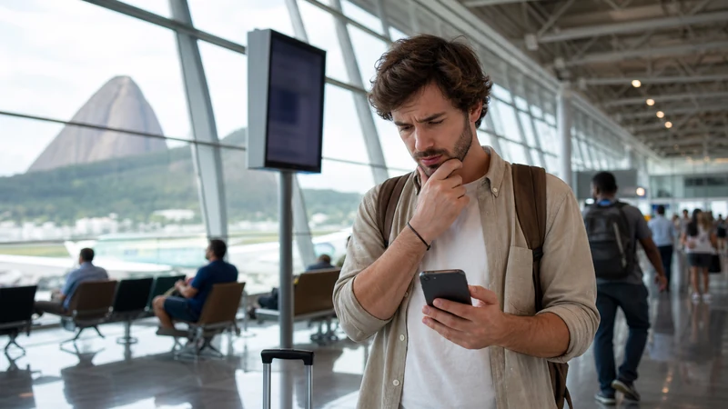 Traveller using a smartphone in Brazil for sim card rio galeao airport