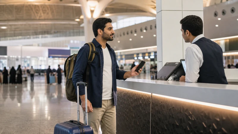 Traveller asking about mobile connectivity at a Riyadh airport service counter.