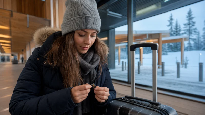 Illustrative Finland travel scene for Buying a SIM Card at Rovaniemi Airport
