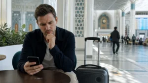 Arriving traveller considering phone connectivity at Samarkand Airport