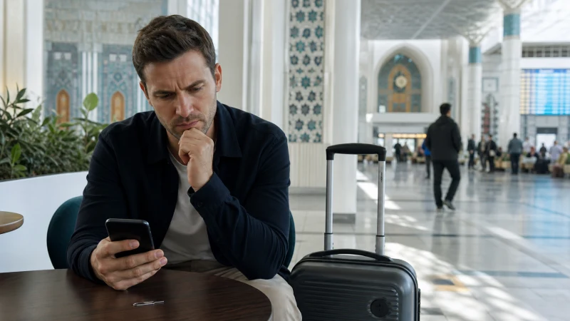 Arriving traveller considering phone connectivity at Samarkand Airport