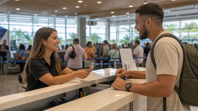 Traveller using a smartphone in Puerto Rico while buying a SIM card at San Juan Airport