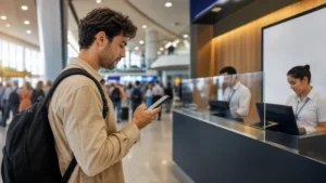 Traveller using a smartphone in Brazil for sim card sao paulo guarulhos airport