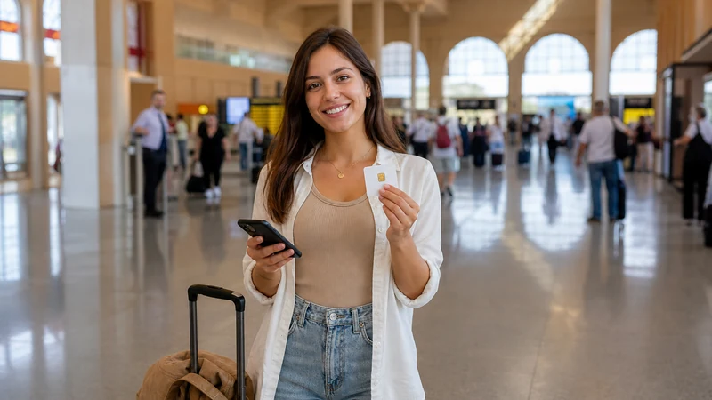Traveller holding a SIM card and smartphone at Seville Airport.