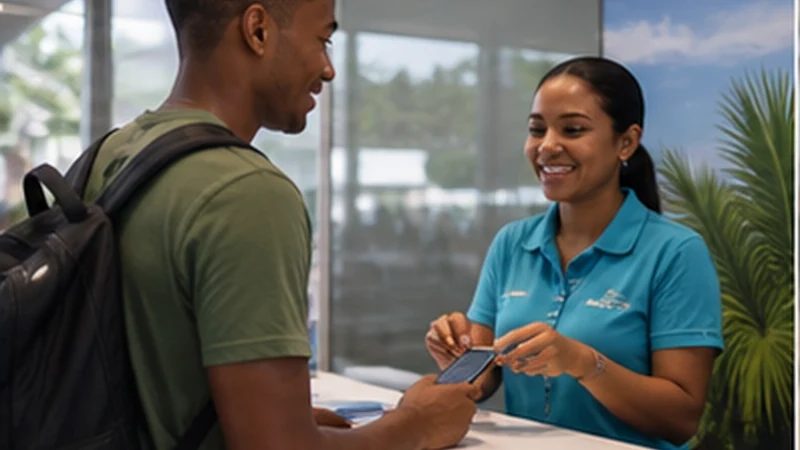 Traveller using a smartphone at Seychelles International Airport