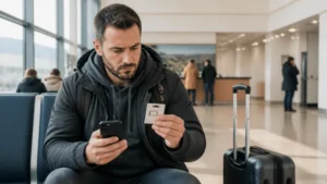 Traveller using airport connectivity for buying a SIM card after arriving at Shirak Airport in Armenia