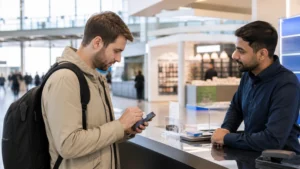 Traveller using a smartphone while preparing for buying a sim card at stockholm arlanda airport