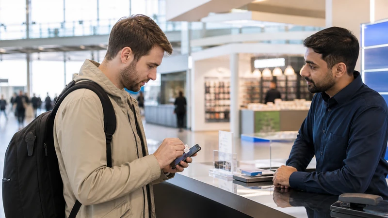 Traveller using a smartphone while preparing for buying a sim card at stockholm arlanda airport