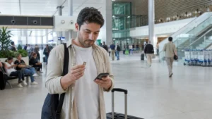 Arriving traveller considering phone connectivity at Tashkent Airport