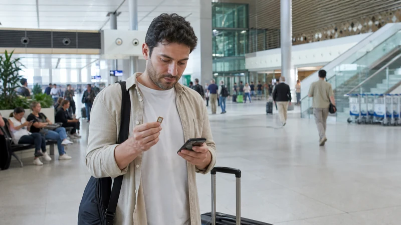 Arriving traveller considering phone connectivity at Tashkent Airport